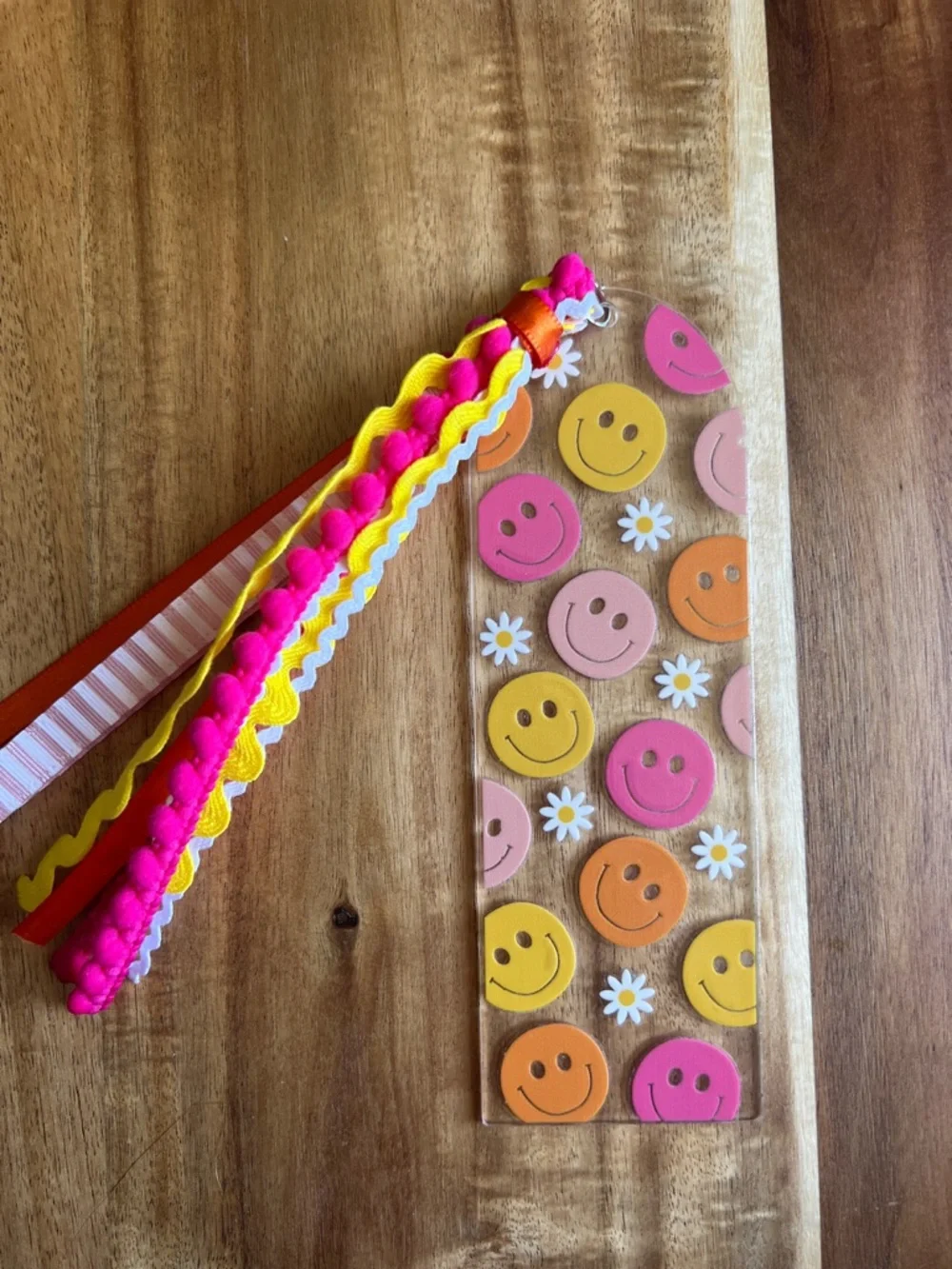 Handmade Smiley Face & Daisy Keychain and Bookmark Set - Pink, Yellow, Orange